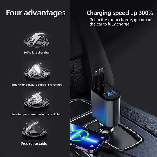 4-in-1 Retractable Super Fast Car Charger (120W Max) | شحن سيارة فائق السرعة مع كابل مخفي