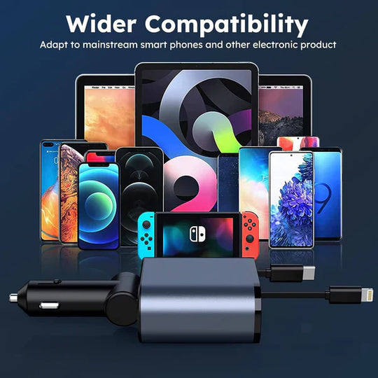 4-in-1 Retractable Super Fast Car Charger (120W Max) | شحن سيارة فائق السرعة مع كابل مخفي