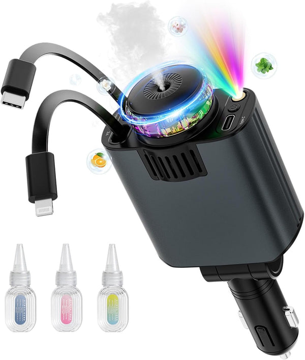 5-in-1 Retractable USB-C Car Charger with Aromatherapy & Starlight | شاحن سيارة ذكي مع تعطير وإضاءة