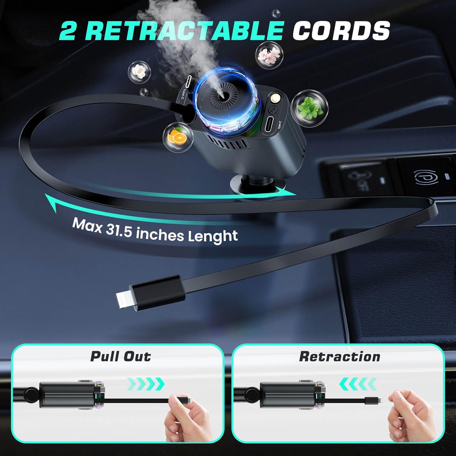 5-in-1 Retractable USB-C Car Charger with Aromatherapy & Starlight | شاحن سيارة ذكي مع تعطير وإضاءة